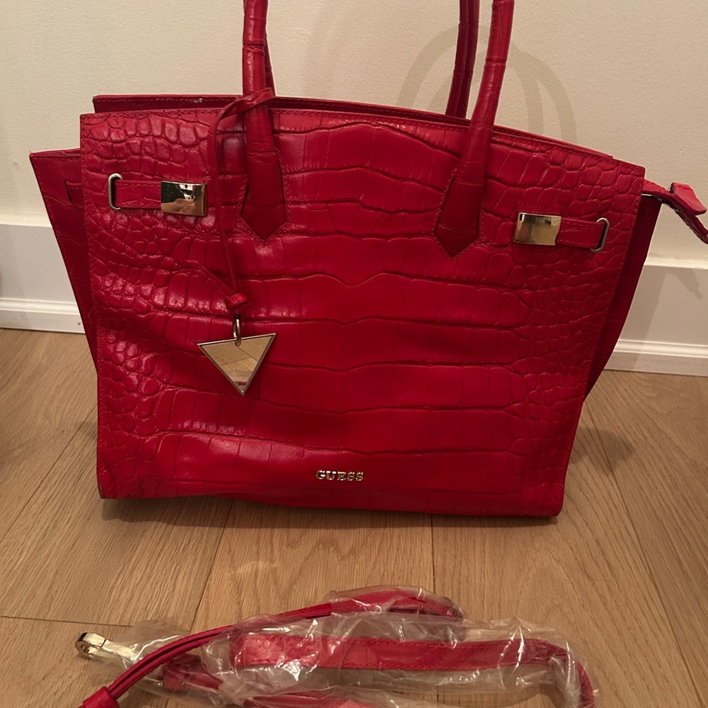 GUESS Red Croc-Embossed Tote Bag